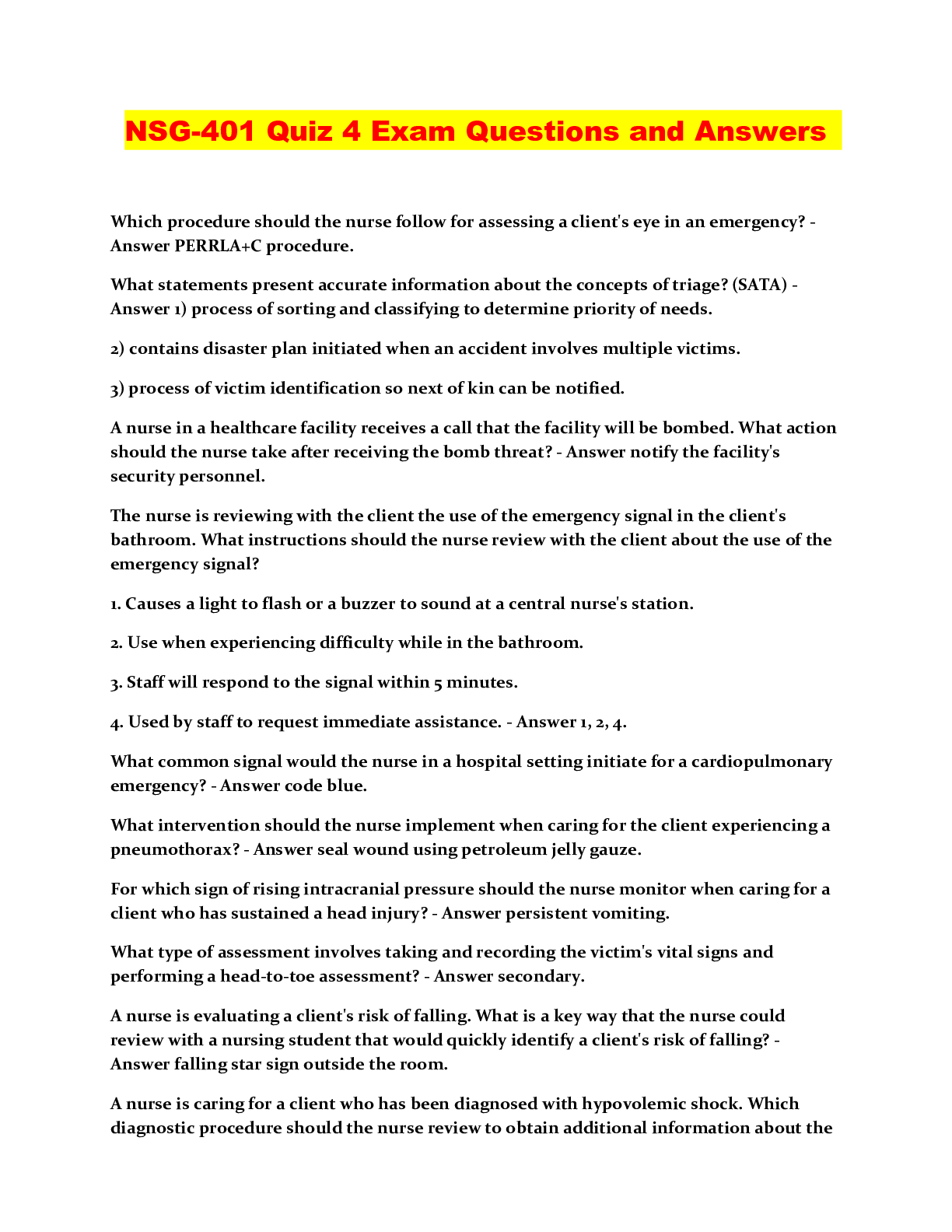 Preview of NSG-401 Quiz 4 Exam Questions and Answers